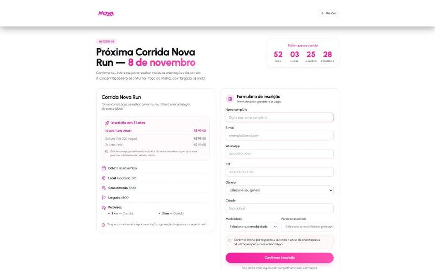 Página de inscrição da corrida Nova Run em Goianésia
